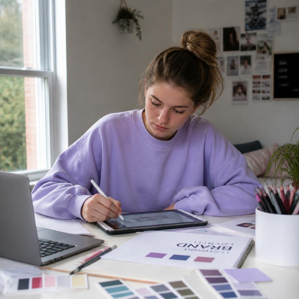 Teenager designing a brand identity with color swatches and a tablet at home