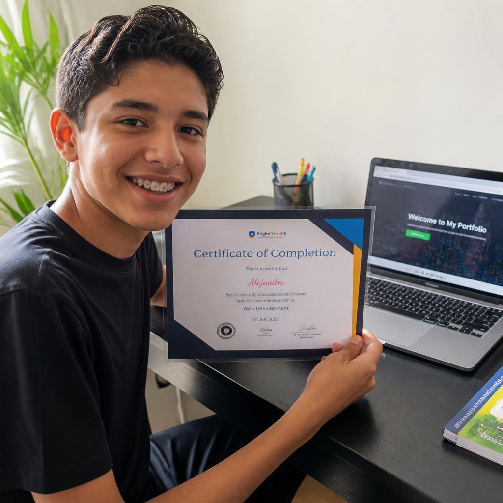 Teenager at home holding a certificate of completion in front of a laptop