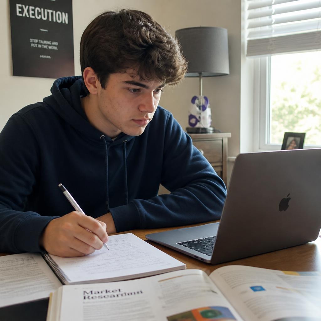 Teenager working on a marketing plan and customer research on a laptop at home