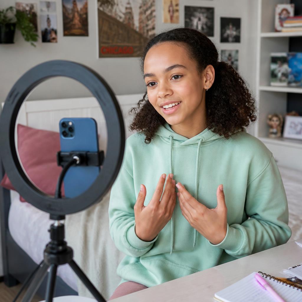 Teenager filming a marketing video with a smartphone and ring light at home