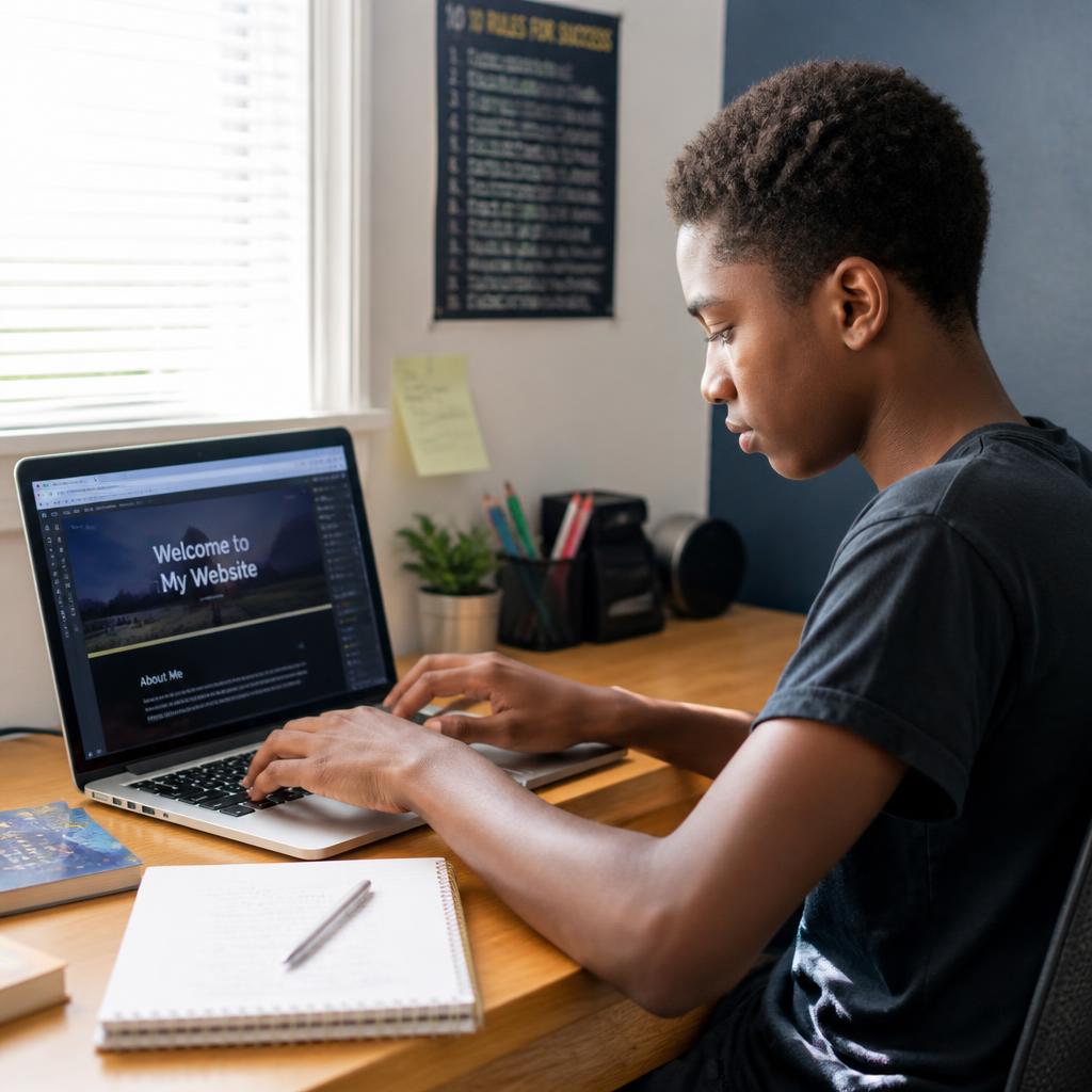 Teenager building a website on a laptop at home